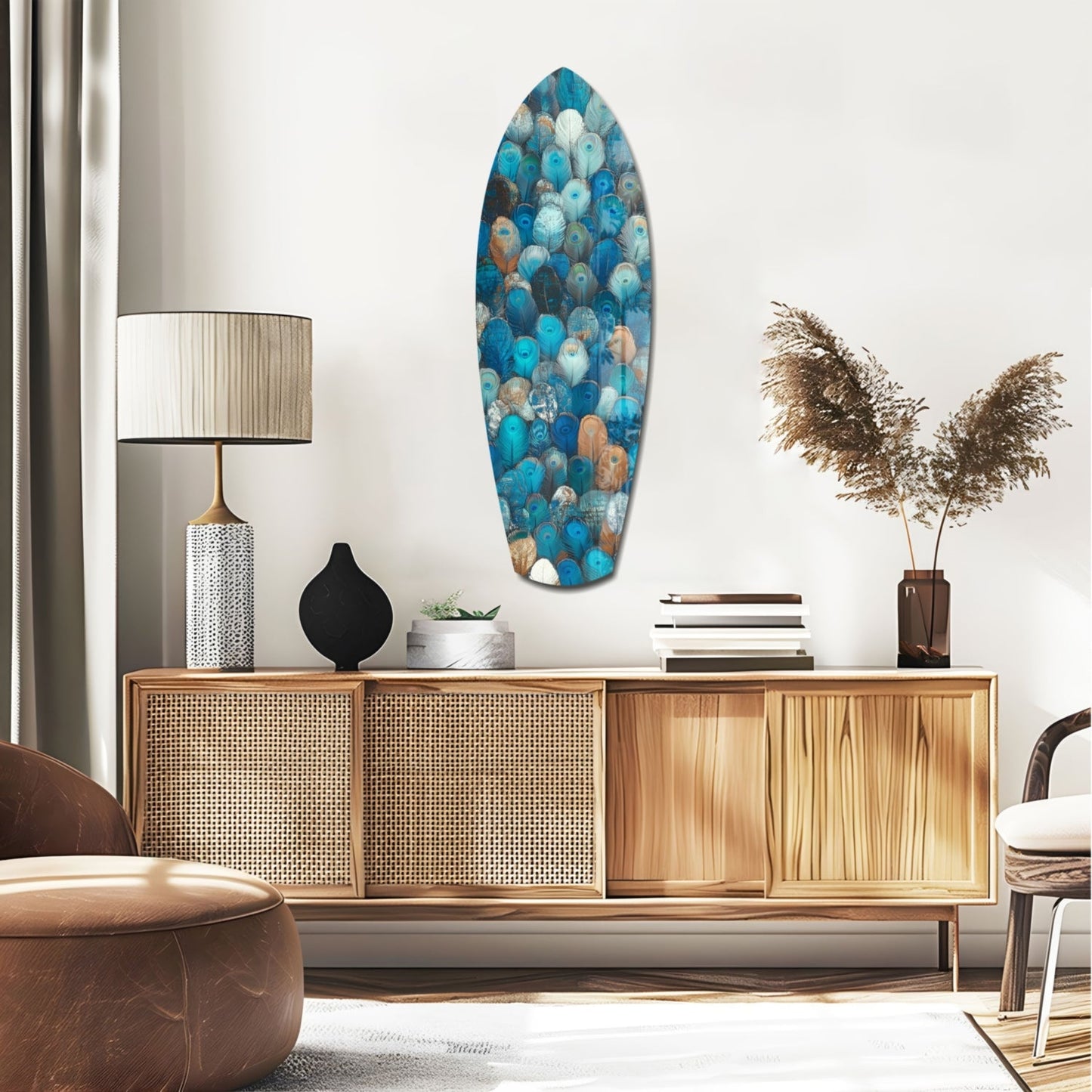 Blue and cream feathered glass wall art displayed above a wooden credenza in a modern living room setting.