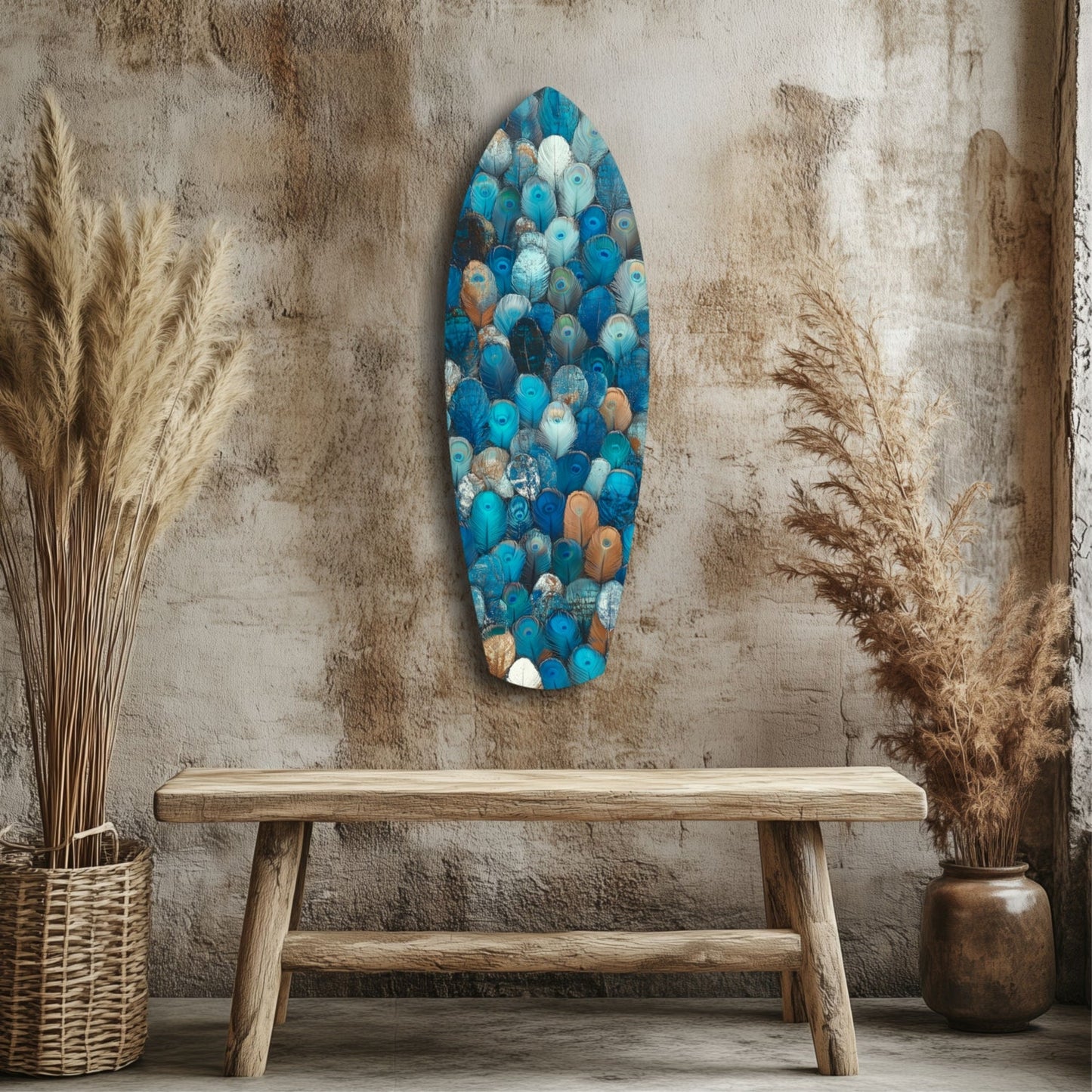 Blue and white glass wall art featuring overlapping circular shapes displayed above a wooden bench in a rustic room setting.