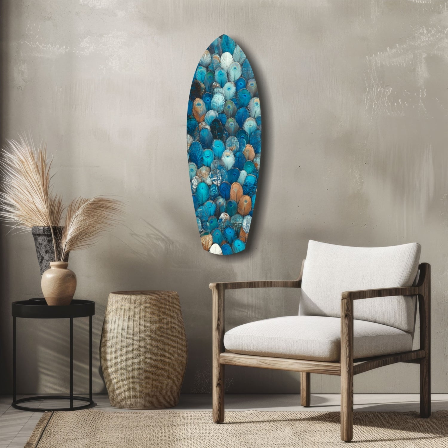 Blue, white, and orange glass feather wall art displayed on neutral wall above wooden chair and side table with vase.