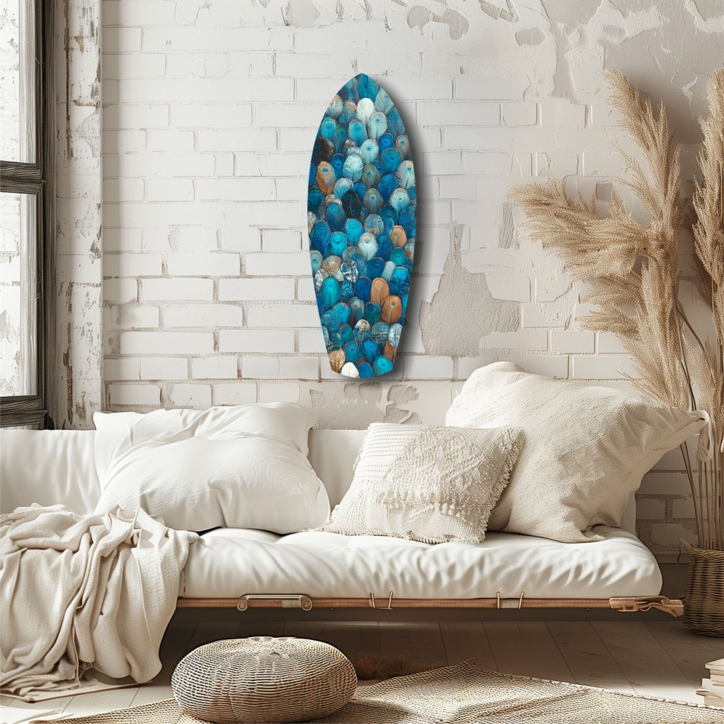 Blue and white glass wall art with circular bubble pattern displayed above a cream linen daybed in minimalist bedroom setting.