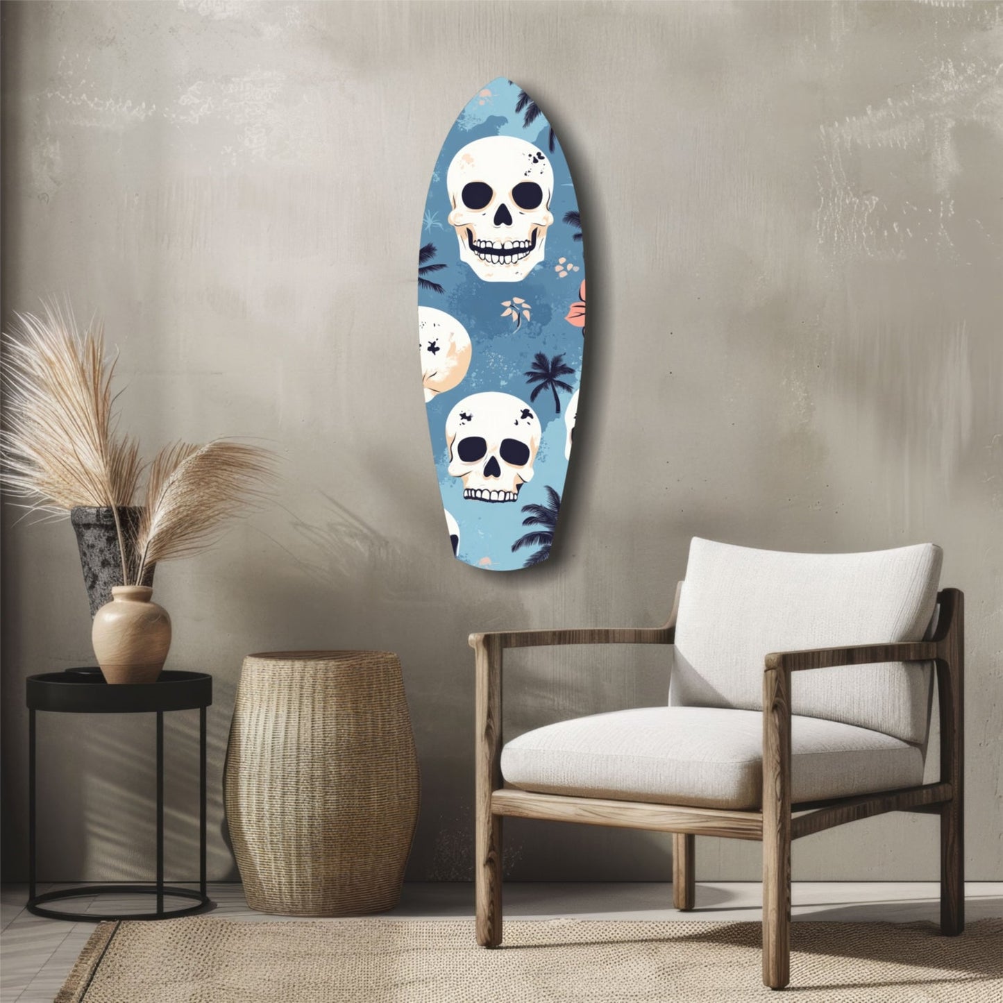 Blue glass surfboard wall art with white skulls and tropical palm leaf patterns displayed above a wooden chair in a modern interior.