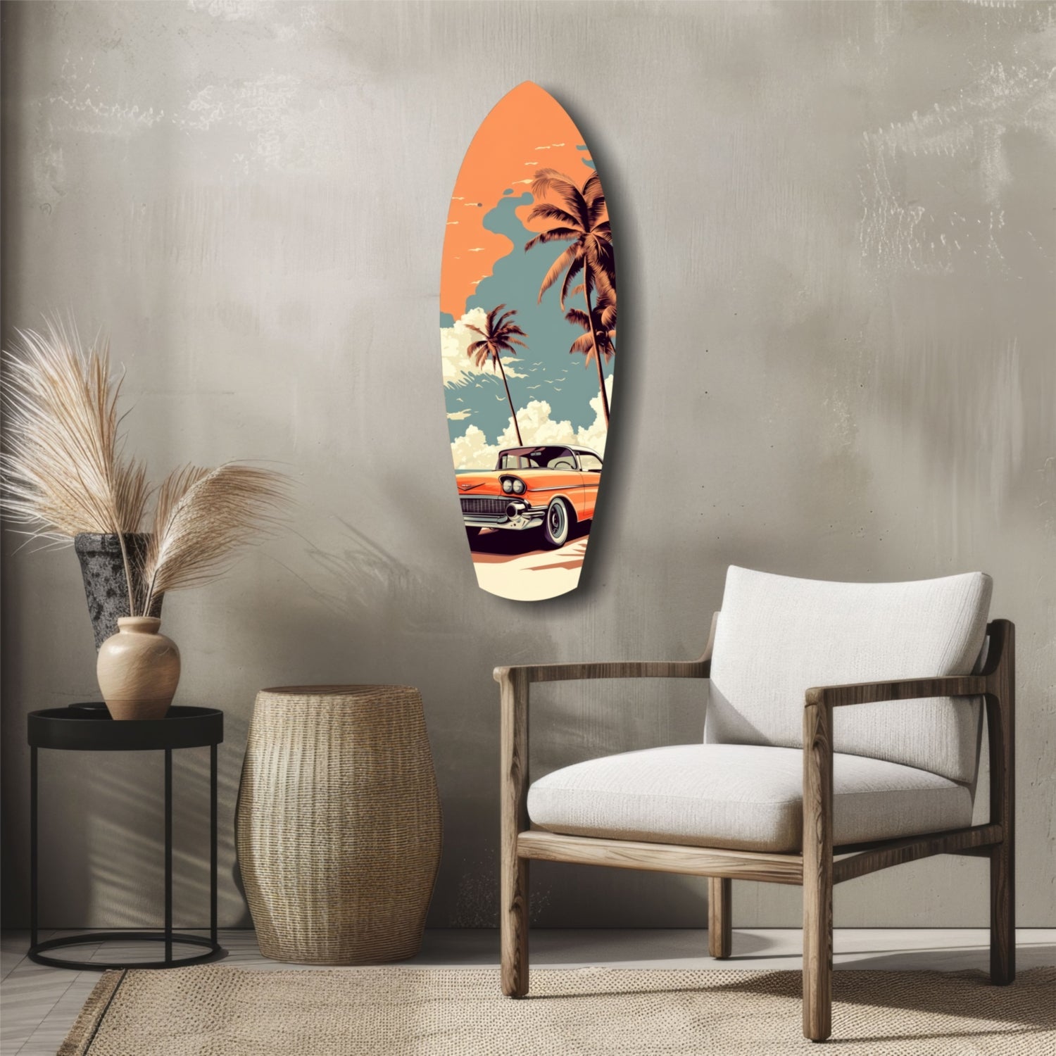 Surfboard-shaped glass wall art displaying retro sunset scene with orange sky, palm trees, vintage orange car, and cream-colored beach, mounted above mid-century wooden chair in neutral interior.