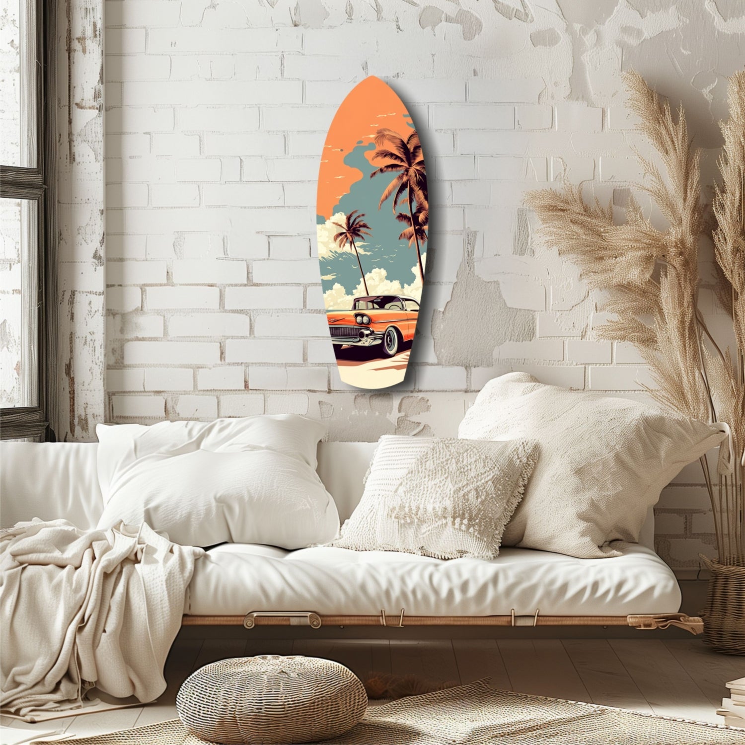 Surfboard-shaped glass wall art featuring a vintage car, palm trees, and orange sunset sky, displayed on white brick above a neutral bedroom setting.