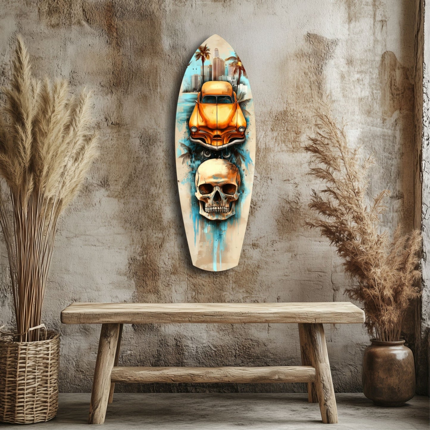 Surfboard-shaped glass wall art featuring an orange vintage car and skull design displayed above a wooden bench in a styled interior setting.