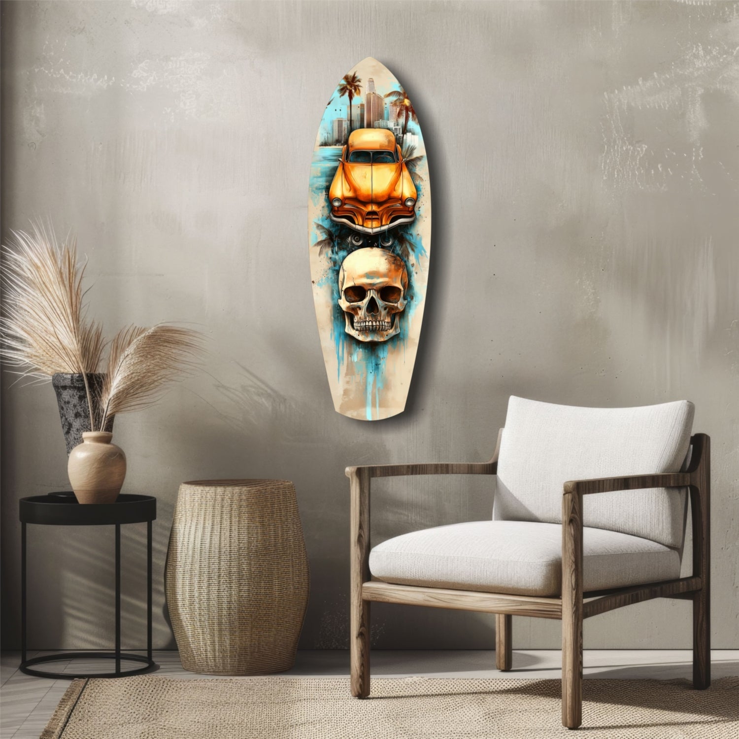 Retro Rides Rebel Skulls glass wall art mounted on gray wall above wooden chair, displaying gold car and skull imagery with blue watercolor effects.