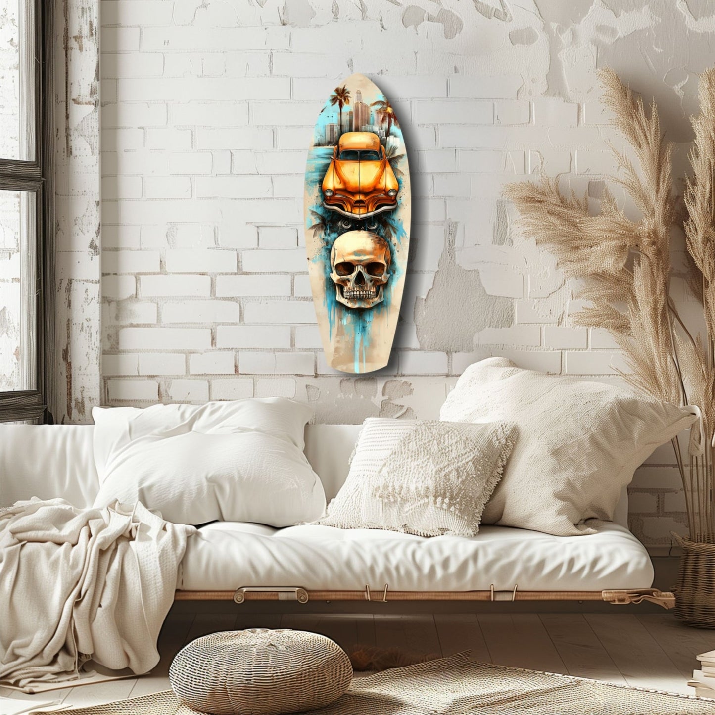 Surfboard-shaped glass wall art featuring a gold vintage car above a skull with blue watercolor effects, displayed above a white bedroom sofa.