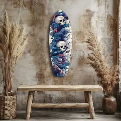 Blue Wave Swirl Skulls Surfboard Glass Wall Art