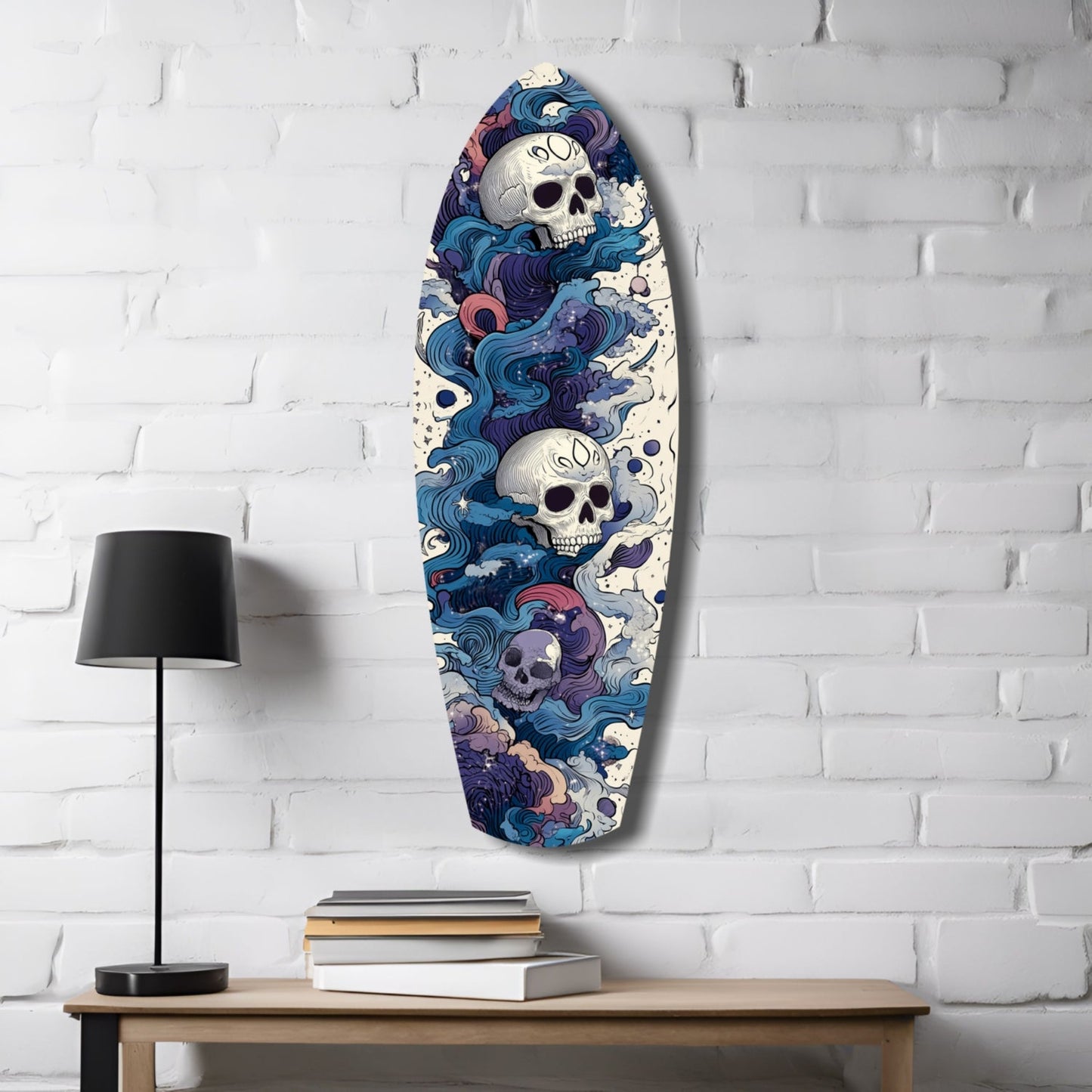 Blue Wave Swirl Skulls Surfboard Glass Wall Art