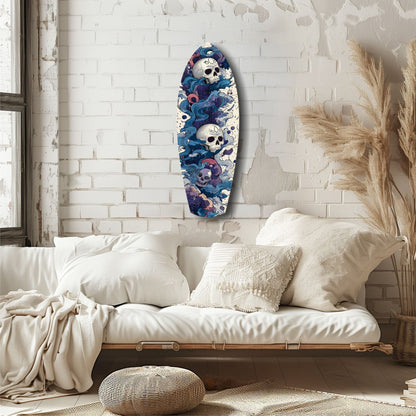 Blue Wave Swirl Skulls Surfboard Glass Wall Art
