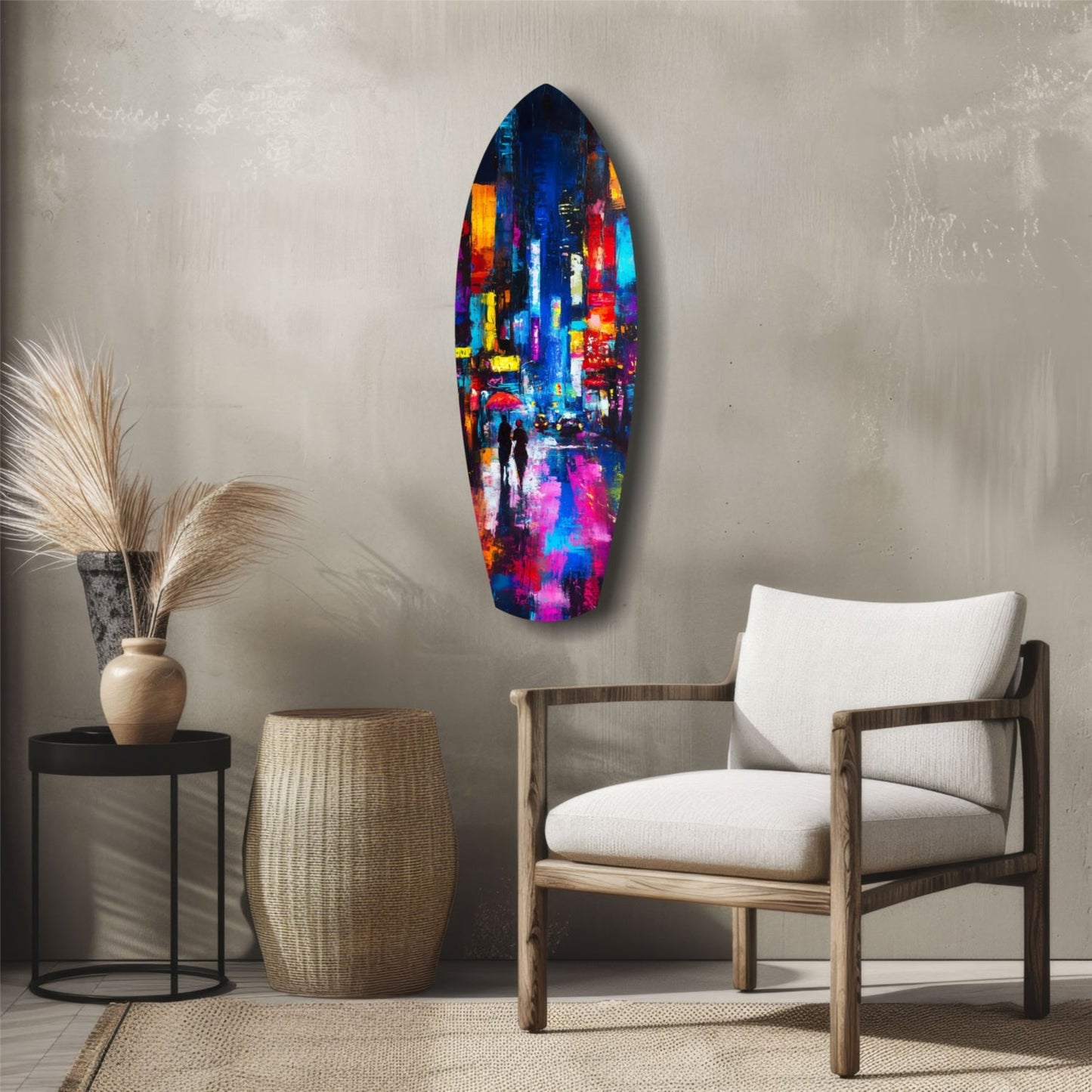 Vibrant colorful glass wall art featuring illuminated urban cityscape with silhouetted figures displayed above minimalist wooden chair and side table.