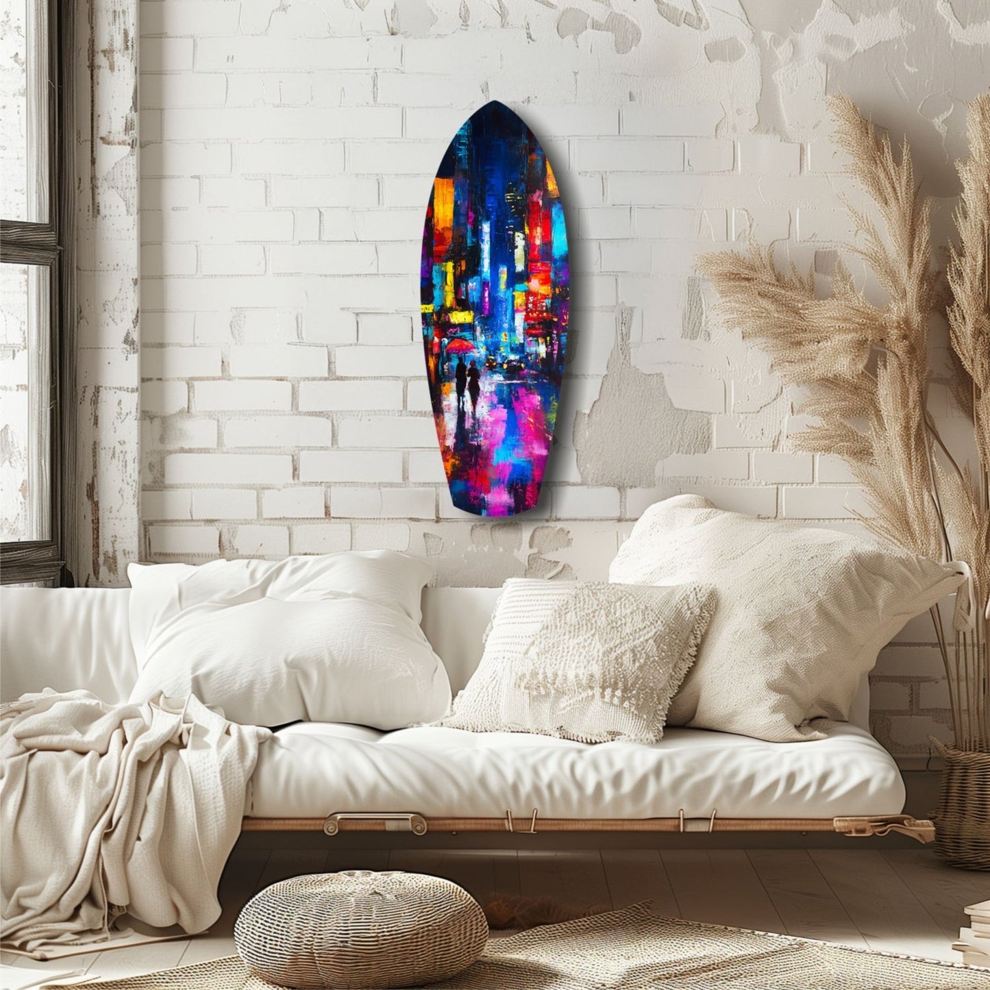 Colorful glass wall art featuring vibrant cityscape with neon lights displayed on white brick wall above cream upholstered daybed.