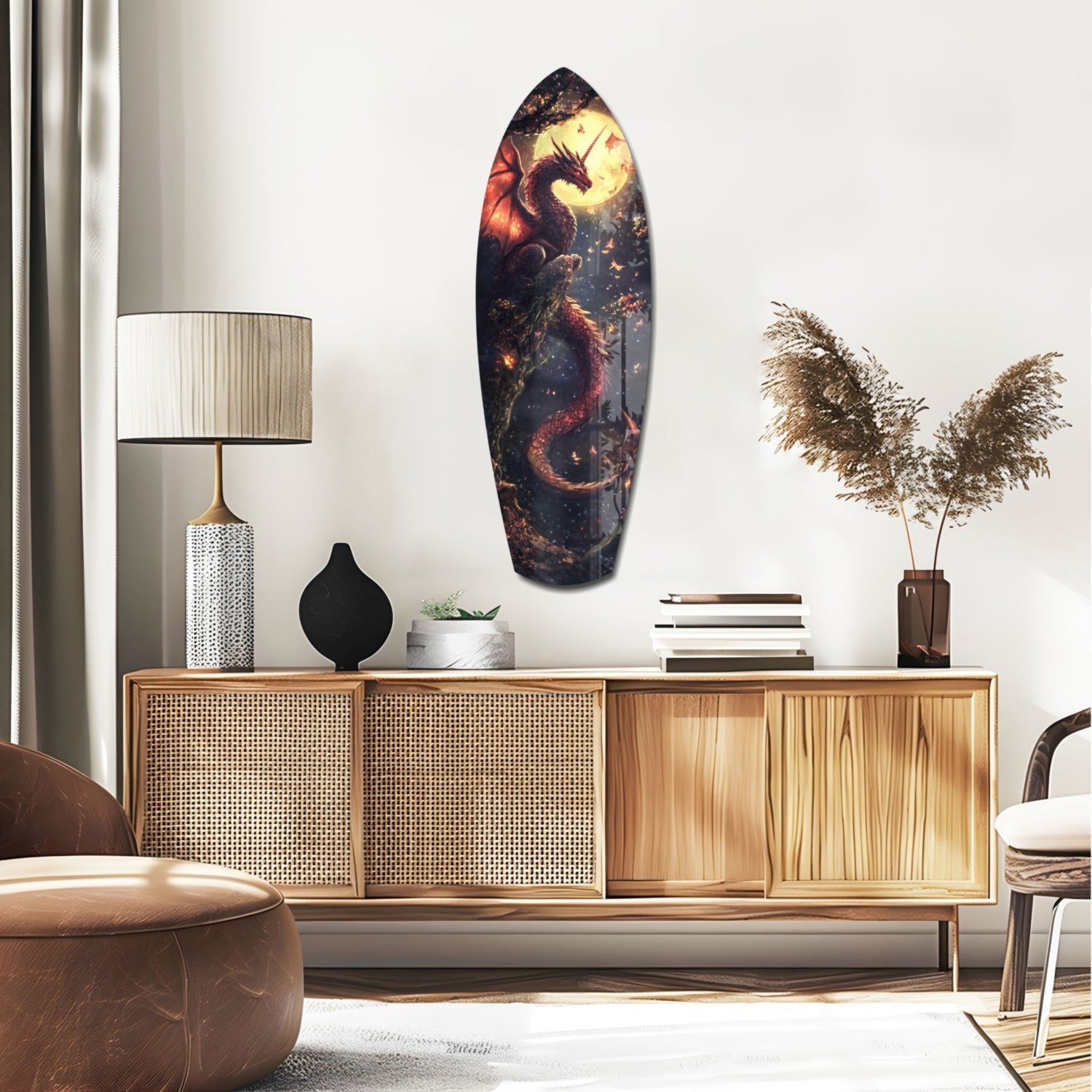 Moonlit Dragon Flight glass wall art mounted above wooden credenza in modern living room interior, displaying dark dragon silhouette against glowing yellow moon.