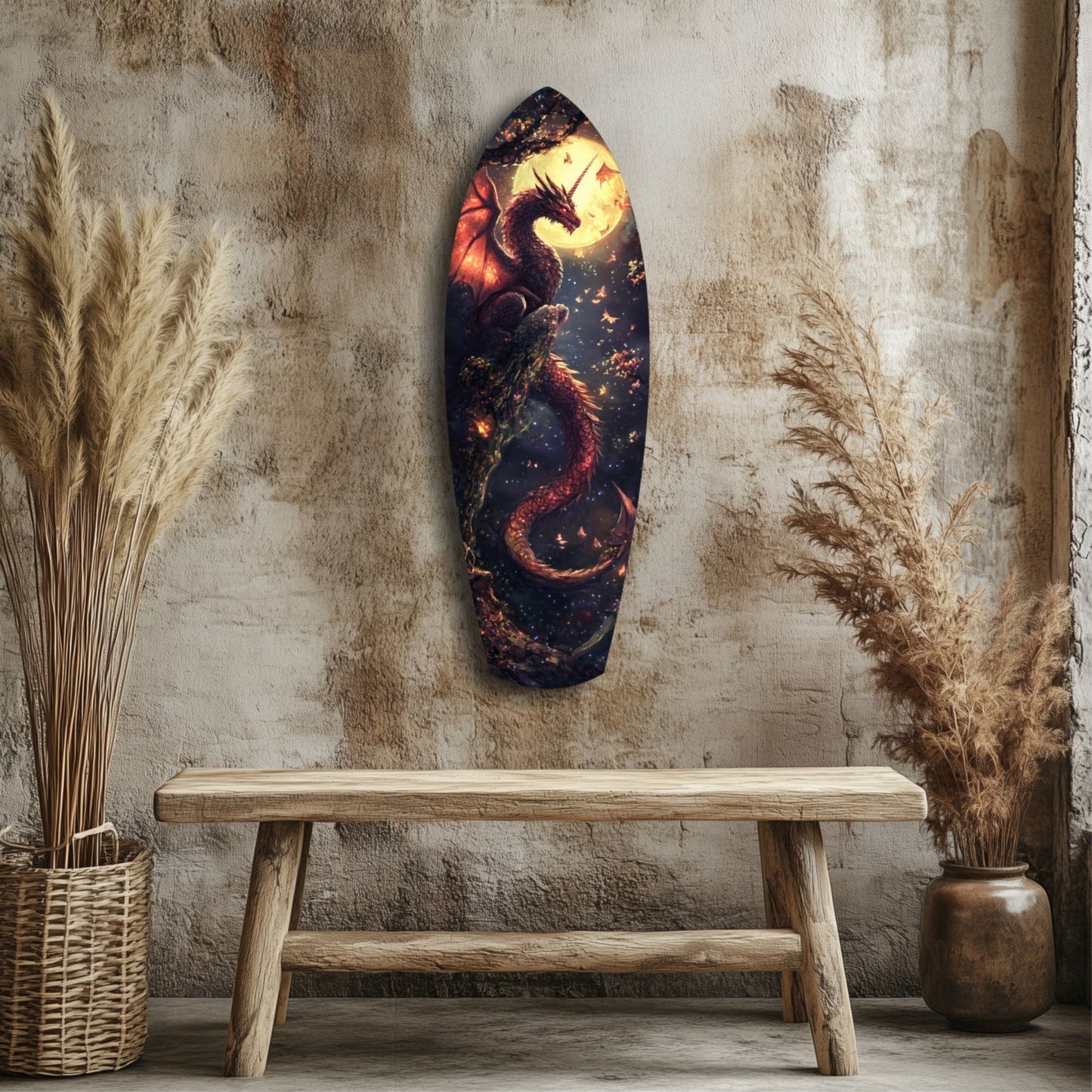 Dragon glass wall art with glowing moon and fiery red scales displayed above wooden bench in rustic interior setting.