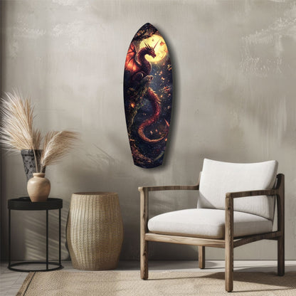 Oval glass wall art depicting a glowing dragon silhouette against a moon, displayed above a wooden chair in a minimalist room setting.