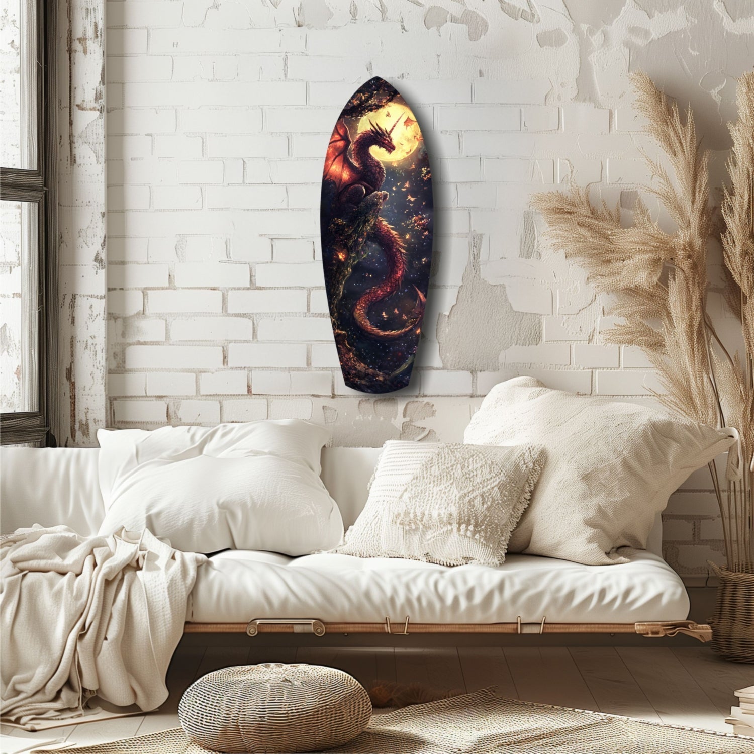 Dragon glass wall art displaying fiery red and gold imagery hung above a white bedding arrangement in a minimalist bedroom setting.