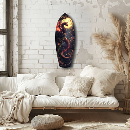 Dragon glass wall art displaying fiery red and gold imagery hung above a white bedding arrangement in a minimalist bedroom setting.