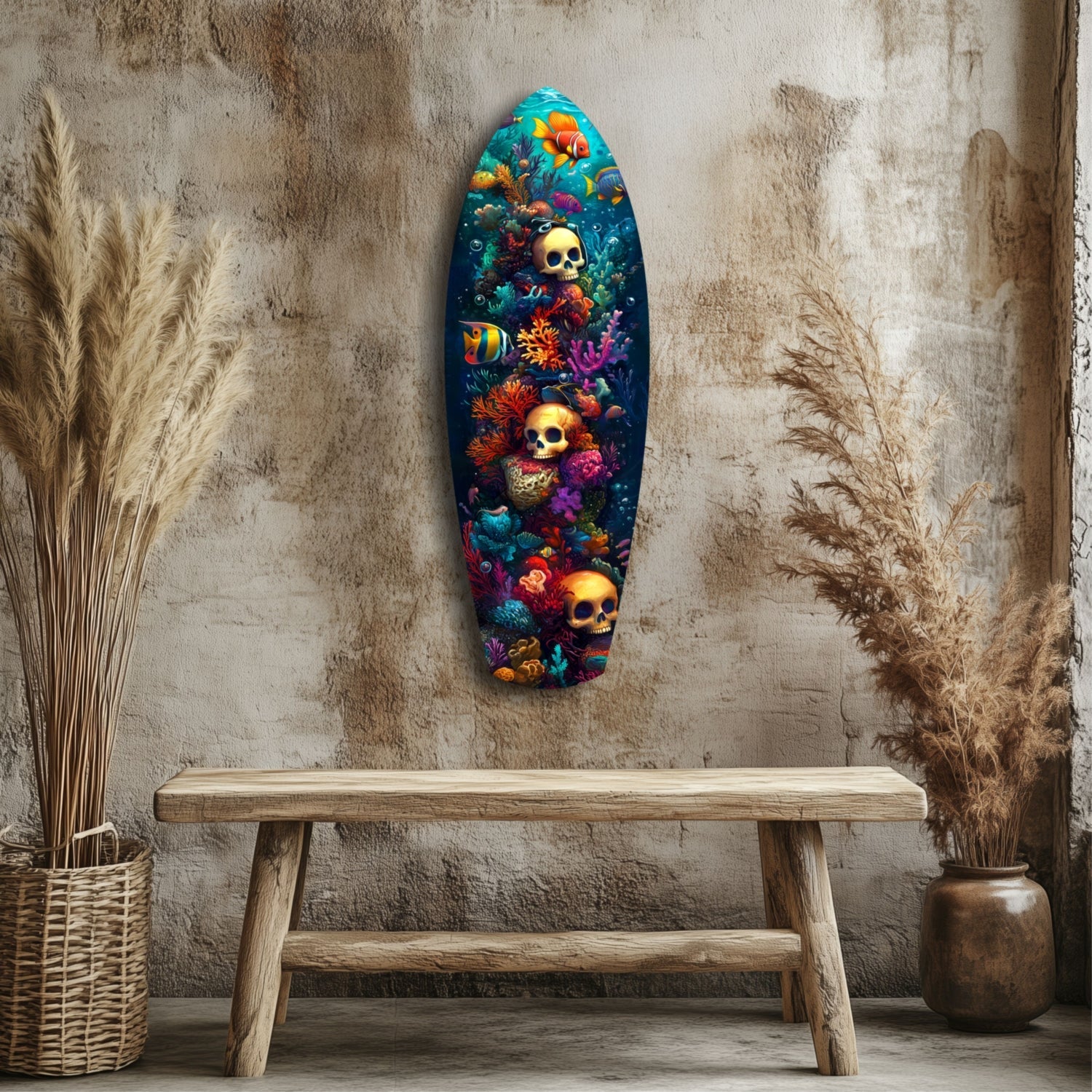 Colorful glass wall art featuring skulls and tropical fish among coral displayed above a wooden bench in a rustic interior setting.