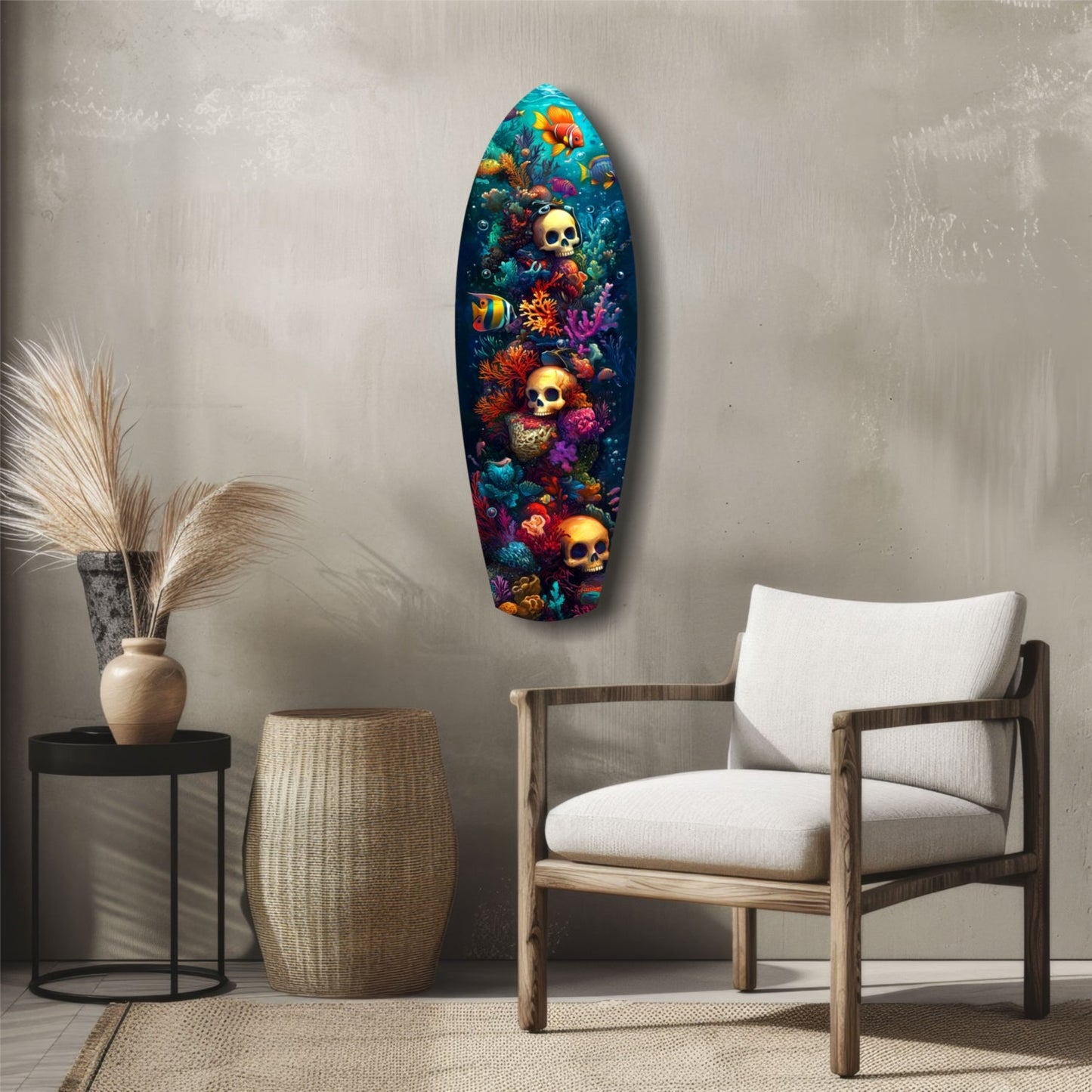 Surfboard-shaped glass wall art with colorful coral, tropical fish, and golden skulls displayed in a minimalist living room setting.