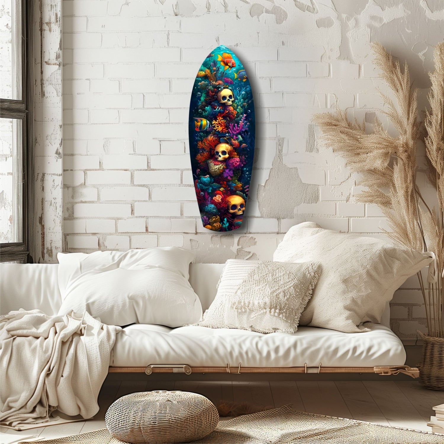 Colorful glass wall art featuring skulls and coral reef designs displayed above a cream-colored bed in a bright, minimalist bedroom.
