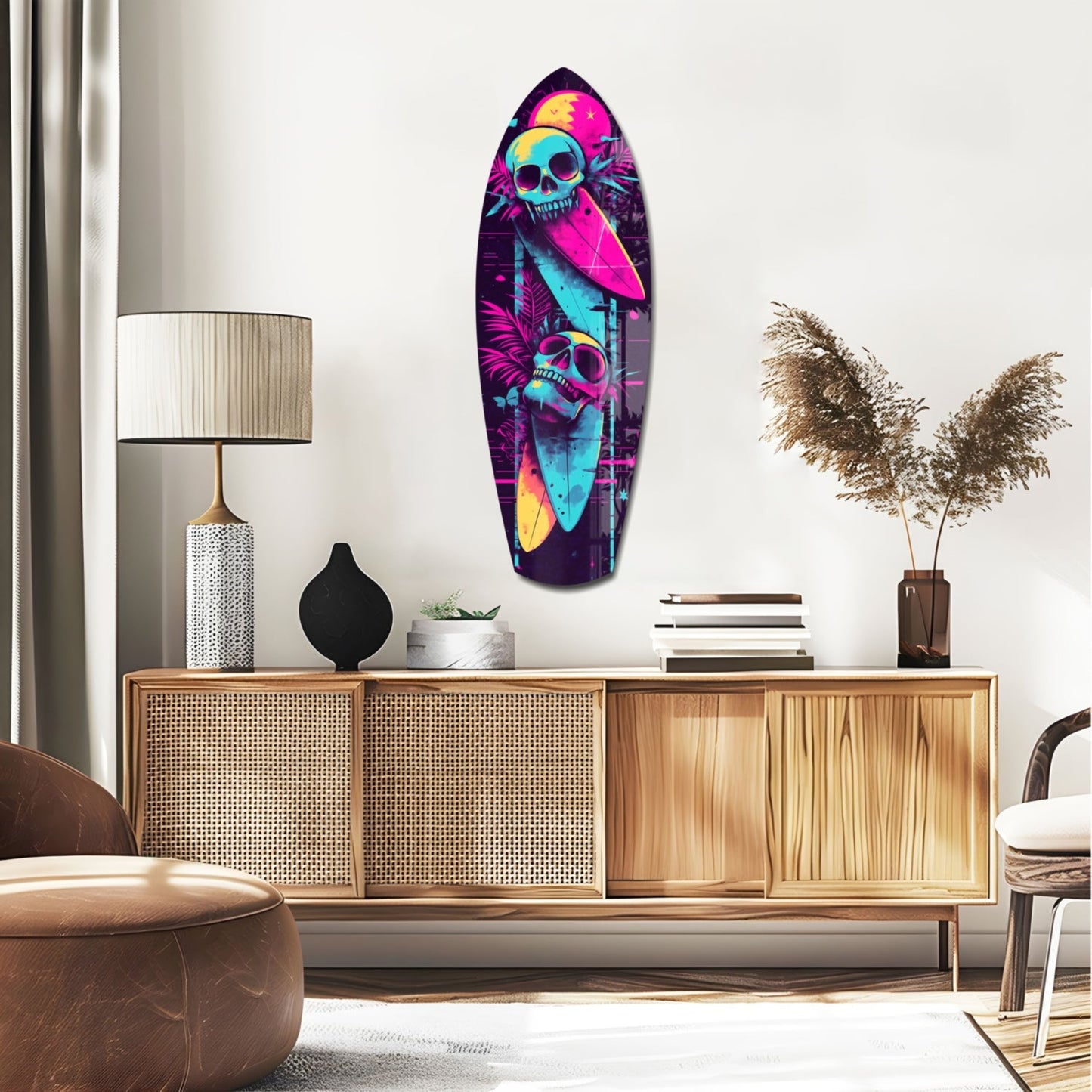 Neon skull and surfboard glass wall art in vibrant magenta, cyan, and yellow displayed above wooden credenza in modern interior.