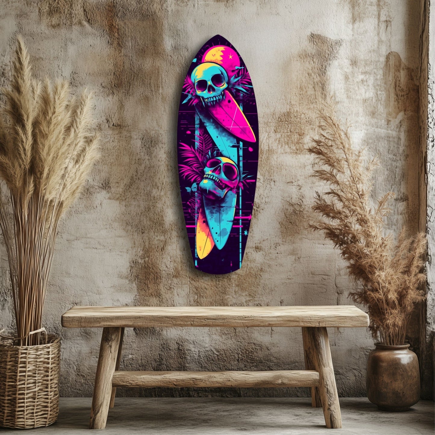 Neon skull surfboard glass wall art displayed above wooden bench against textured beige wall with dried pampas grass.