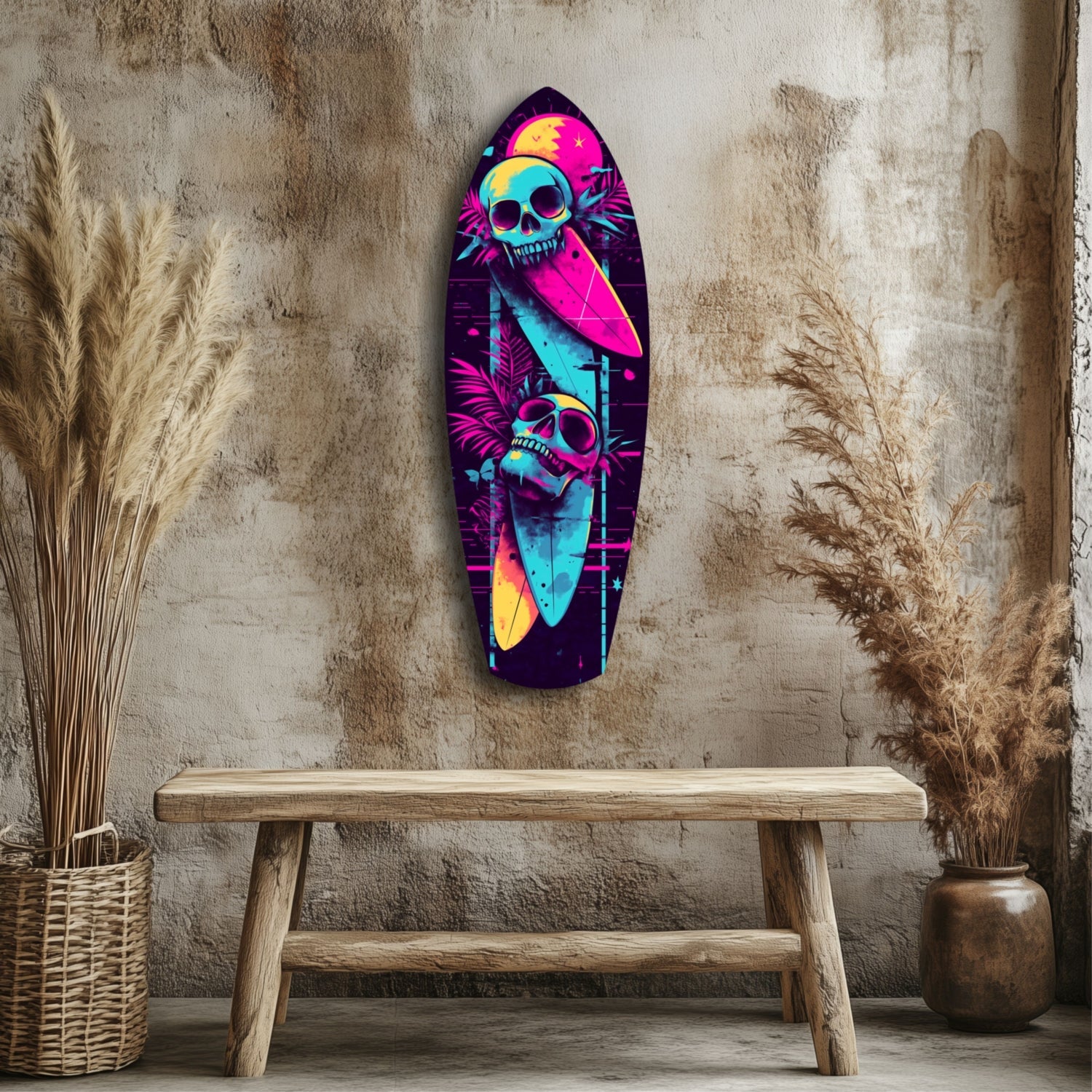 Neon skull surfboard glass wall art displayed above wooden bench against textured beige wall with dried pampas grass.