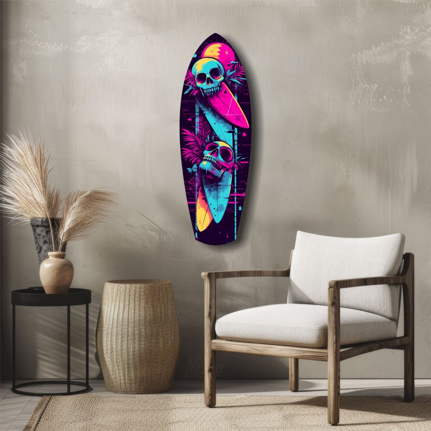Neon surfboard-shaped glass art with colorful skull and tropical designs displayed on neutral wall above wooden chair.