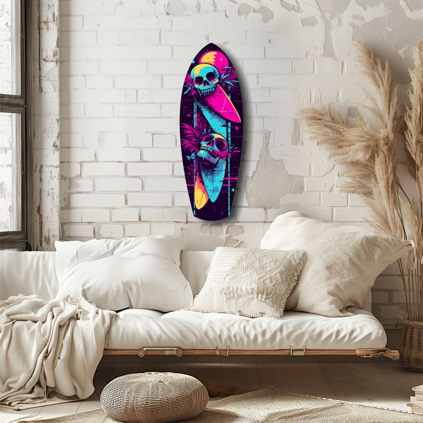 Neon surfboard-shaped glass wall art with colorful skull and tropical designs displayed above a minimalist cream-toned bedroom setting.