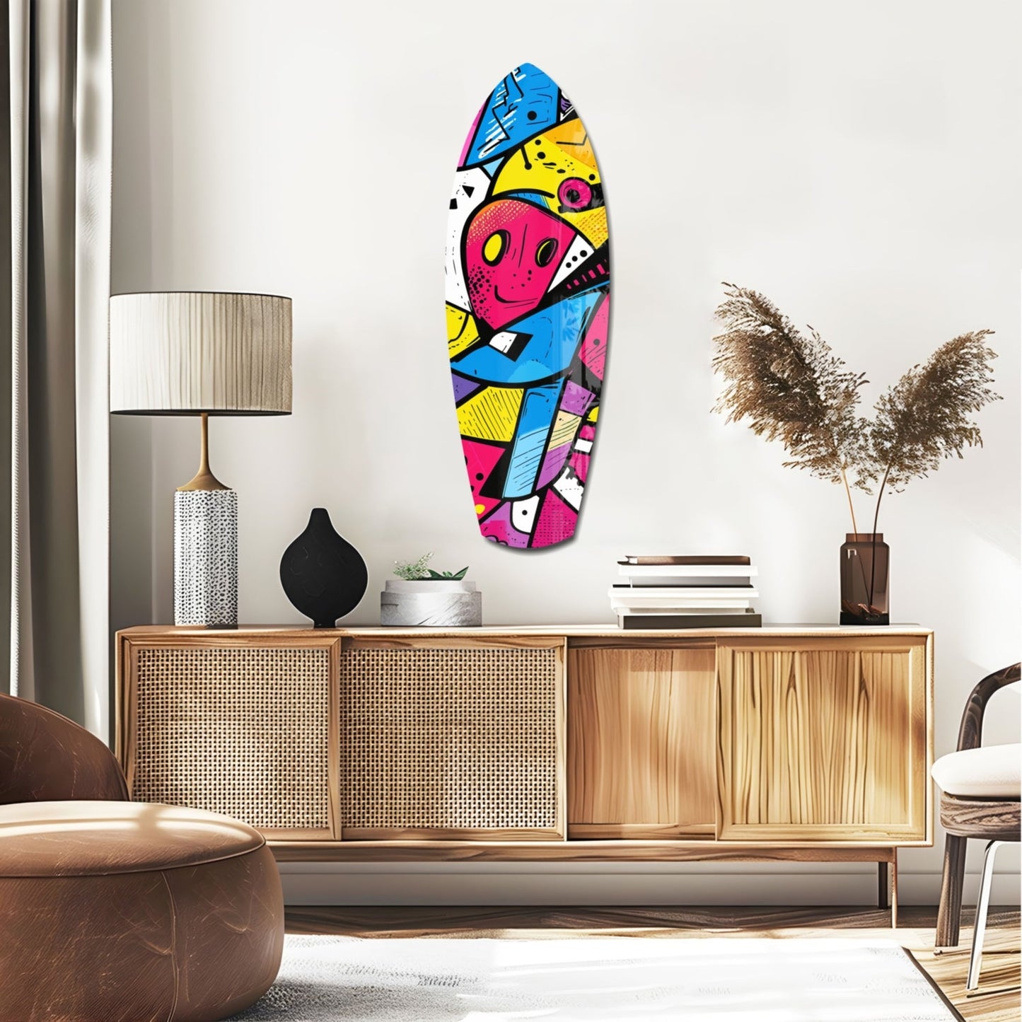 Colorful geometric glass wall art with pink smiley face and blue, yellow, magenta shapes displayed above mid-century wooden credenza in modern interior.