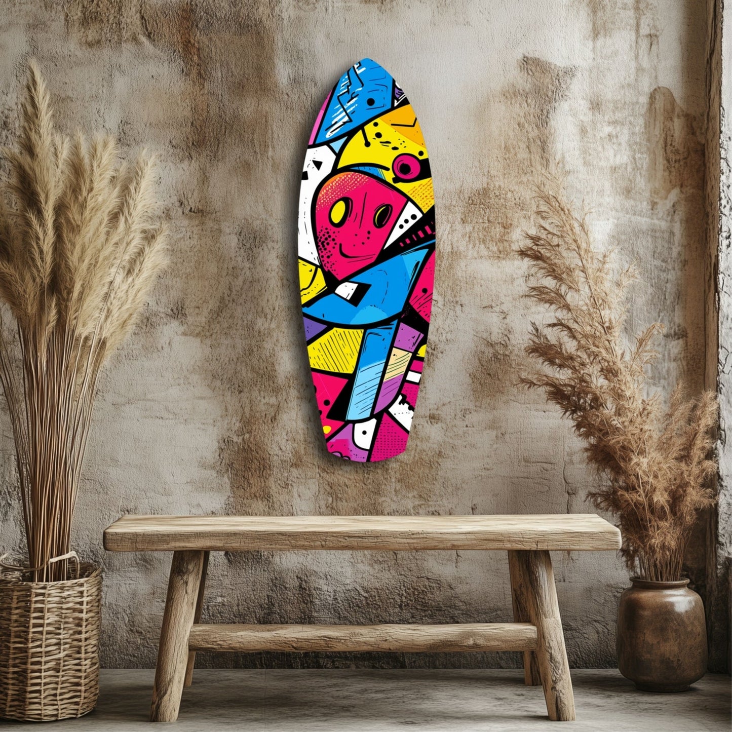 Colorful geometric glass wall art hanging above wooden bench in minimalist interior with dried grasses and textured beige wall.
