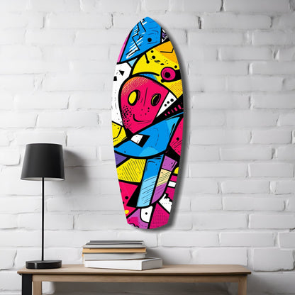 Colorful geometric glass wall art hanging on white brick with a smiling face design in blue, pink, yellow, and black, styled above a wooden desk with lamp and books.