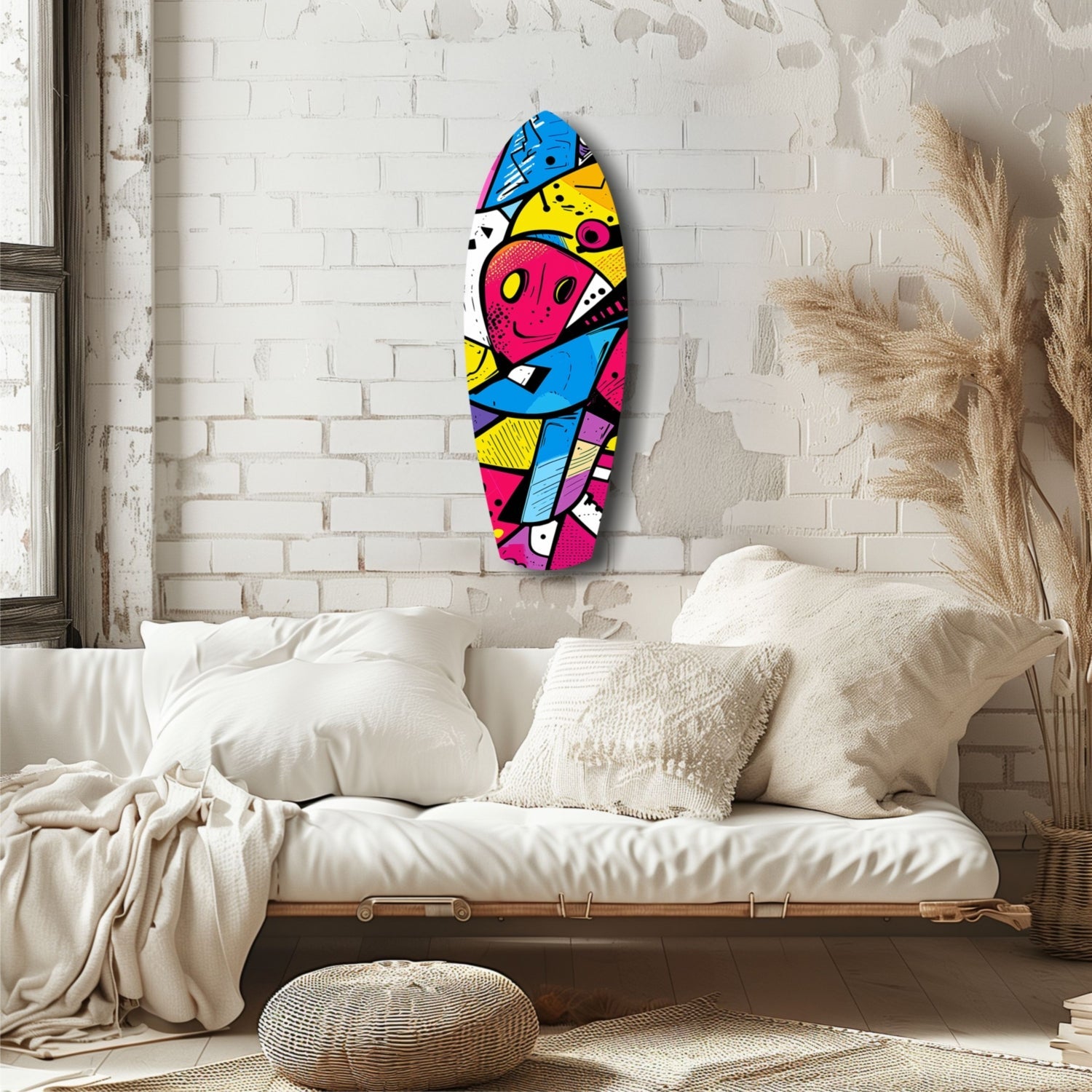 Colorful geometric glass wall art featuring a pink face and blue, yellow, magenta shapes displayed above a white bedside bench in a brick bedroom.