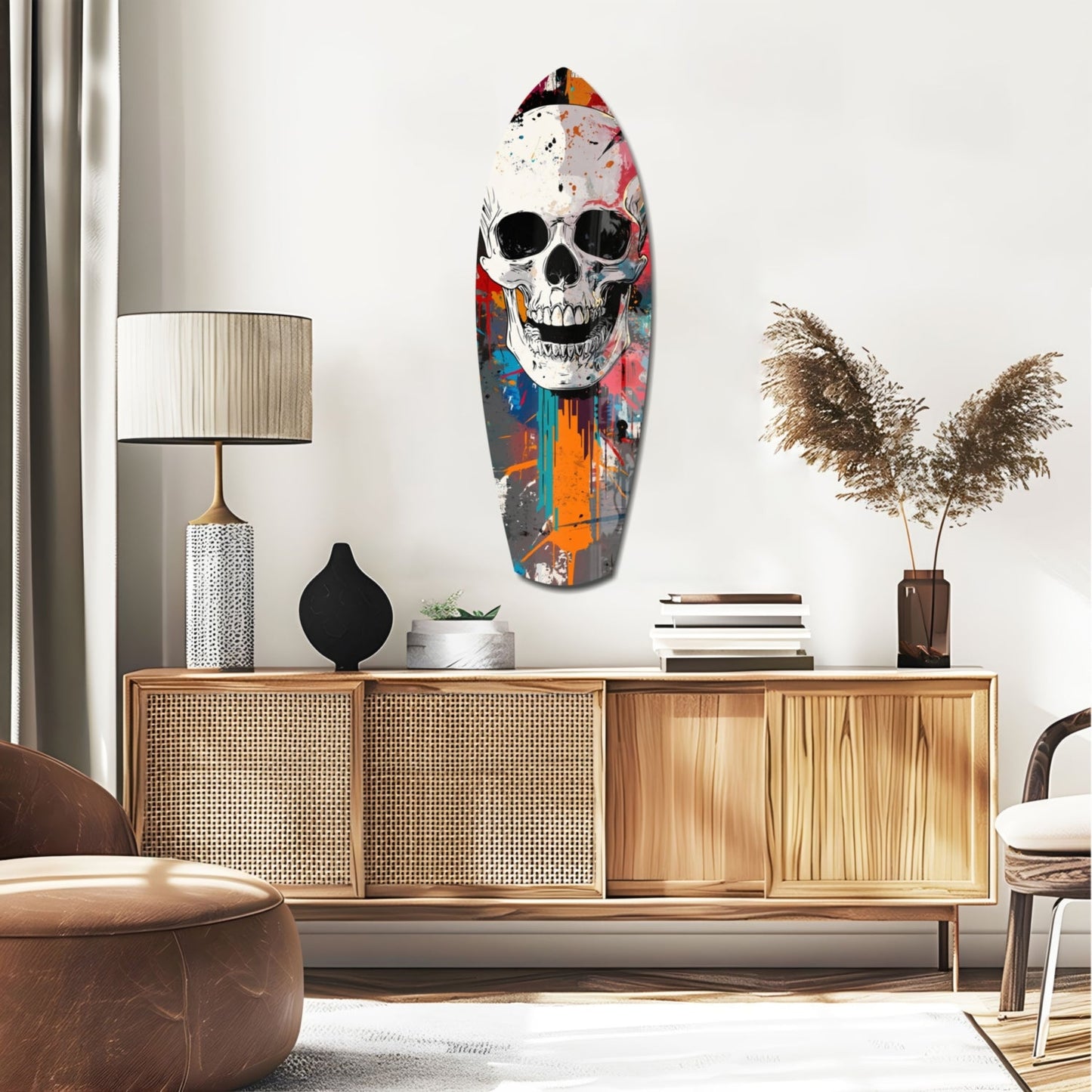 Colorful skull surfboard wall art displayed above wooden mid-century modern credenza in contemporary living room setting.