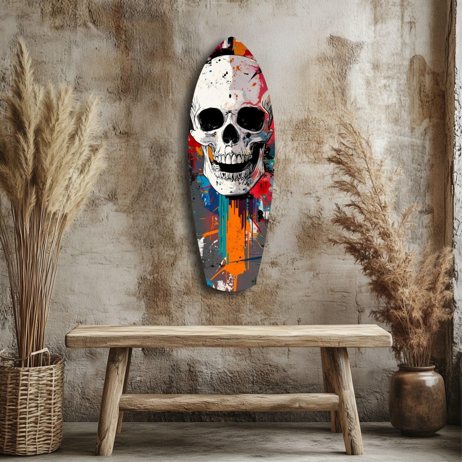 Colorful street art skull glass panel mounted on distressed wall above wooden bench, surrounded by dried pampas grass.