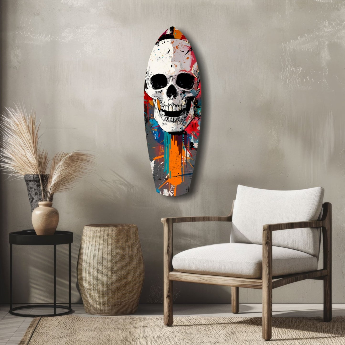Colorful street art skull glass wall art hanging above a wooden chair in a minimalist interior setting.