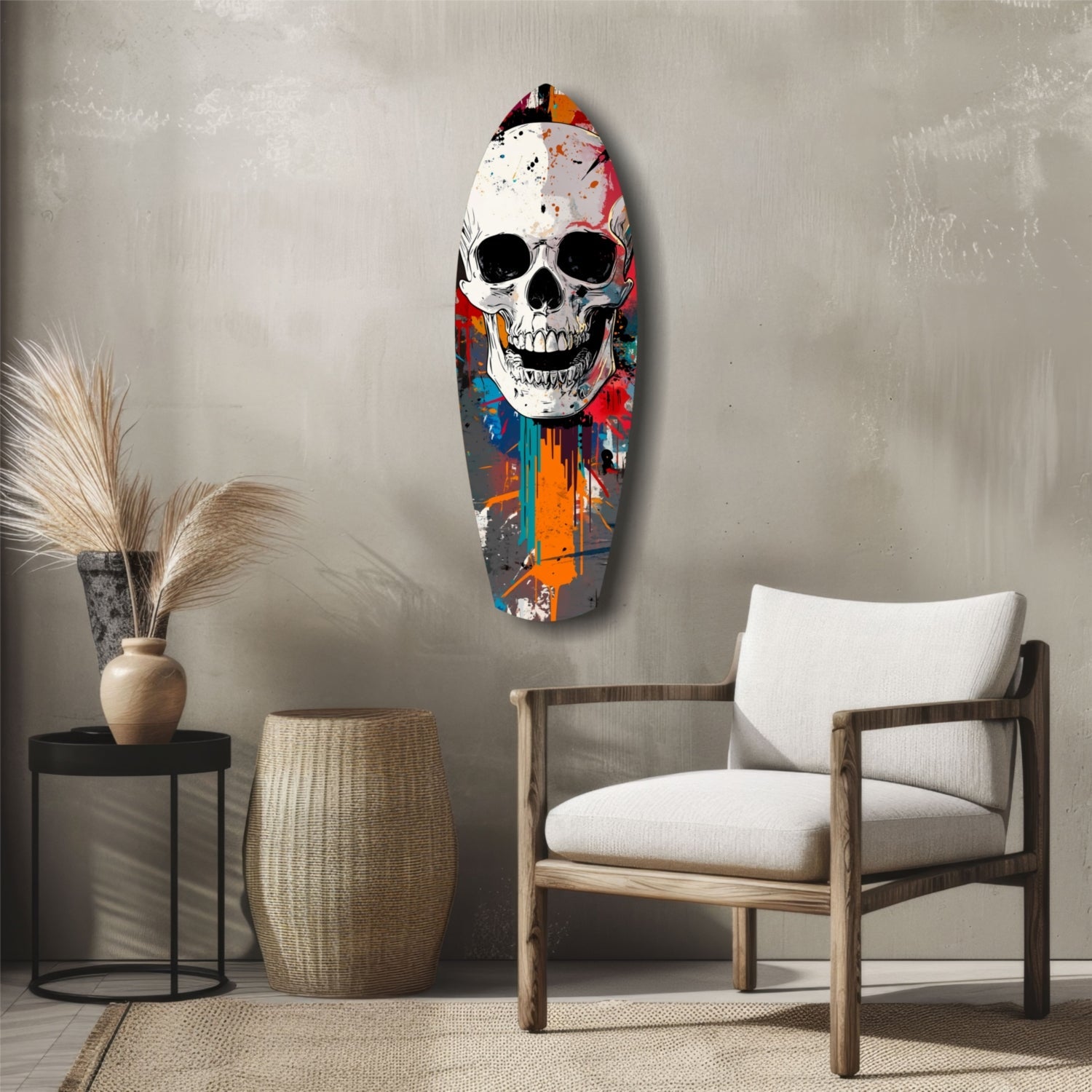 Colorful street art skull glass wall art hanging above a wooden chair in a minimalist interior setting.