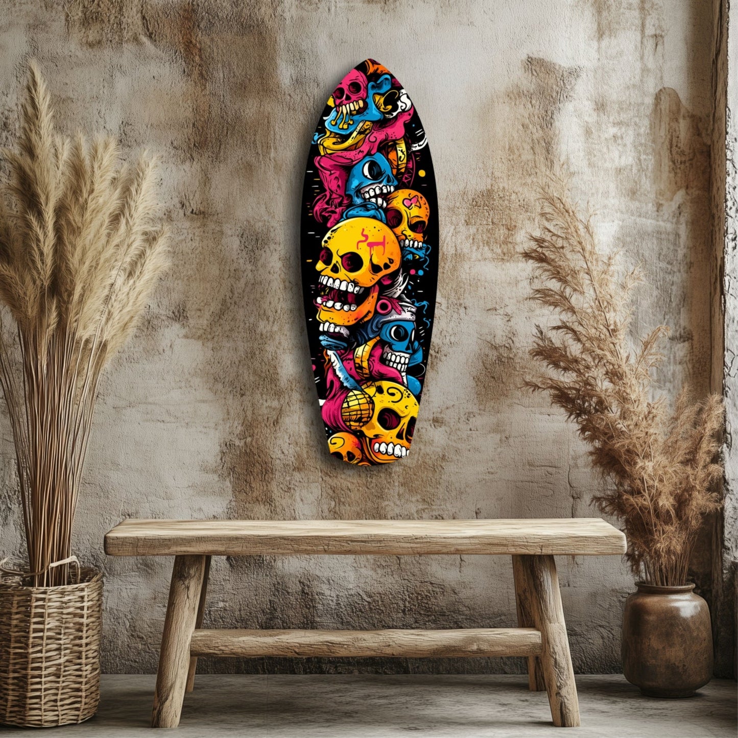 Stacked Yellow Cartoon Skulls Surfboard Glass Wall Art