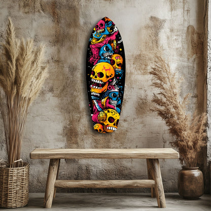 Stacked Yellow Cartoon Skulls Surfboard Glass Wall Art