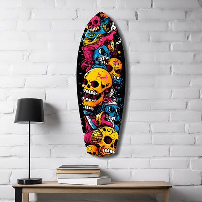 Stacked Yellow Cartoon Skulls Surfboard Glass Wall Art
