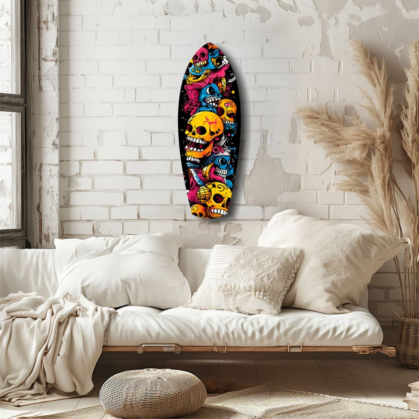 Stacked Yellow Cartoon Skulls Surfboard Glass Wall Art