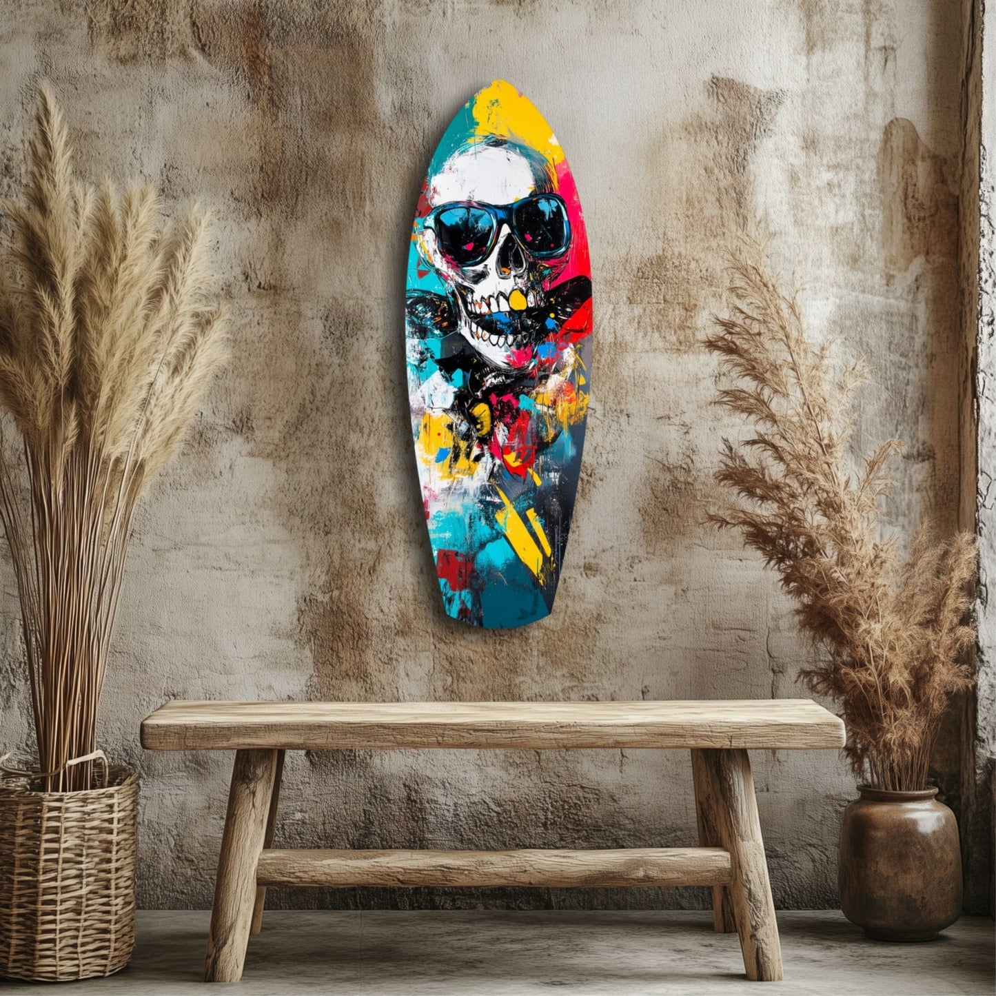 Sunglasses Skull Splatter Surfboard Glass Wall Art