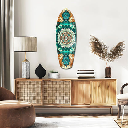Emerald Dreams Glass Wall Art displayed above a wooden credenza in a modern living room interior with warm lighting and décor.