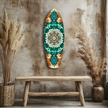 Emerald Dreams glass wall art hanging above wooden bench with teal and orange mandala pattern against textured beige wall, flanked by dried pampas grass.