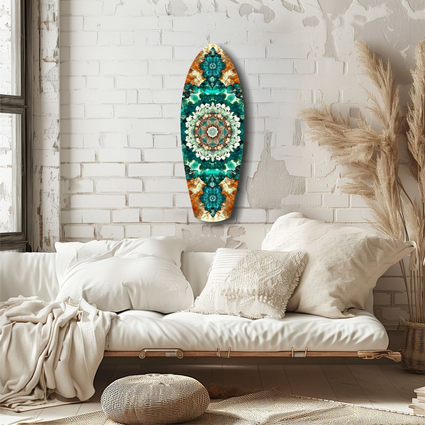 Emerald Dreams Glass Wall Art displaying teal and gold mandala pattern mounted above cream bedding in minimalist bedroom setting.