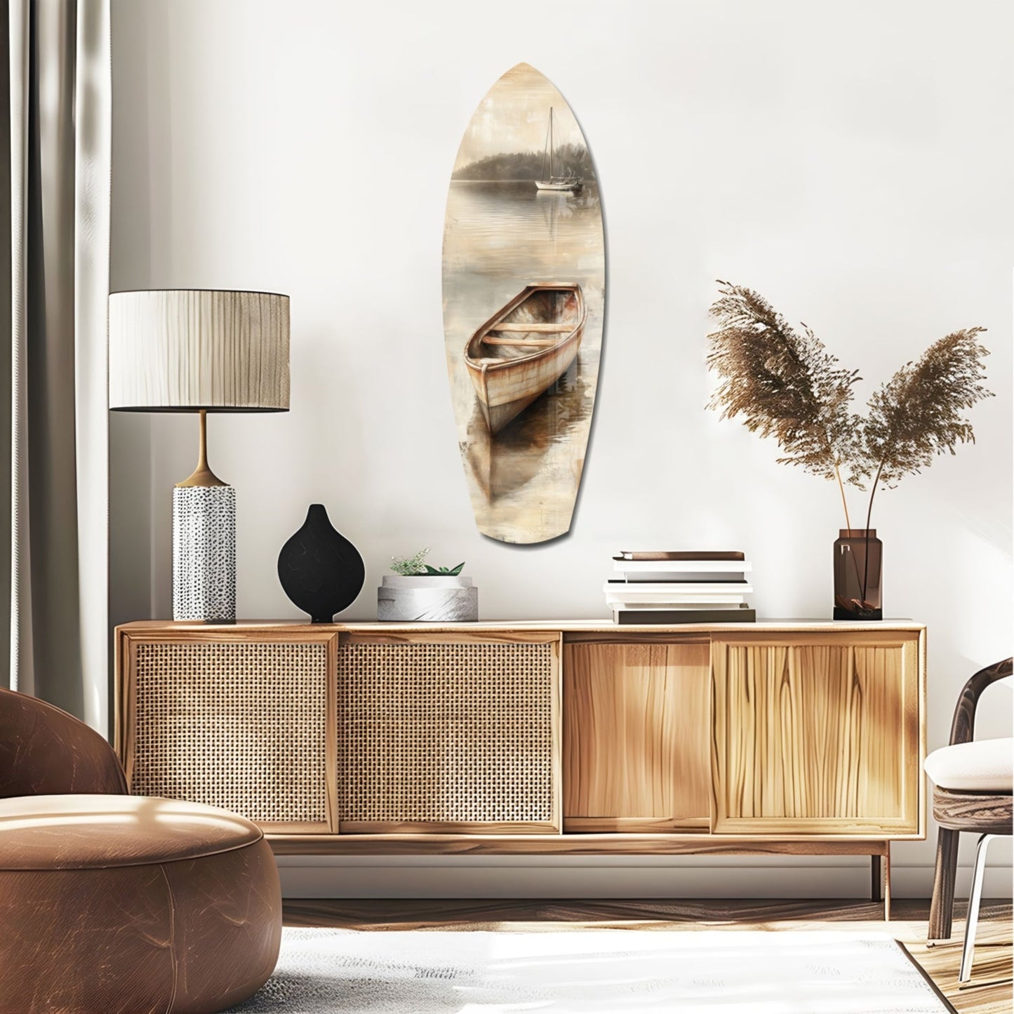 Beige Canoe and Distant Sailboat Glass Wall Art