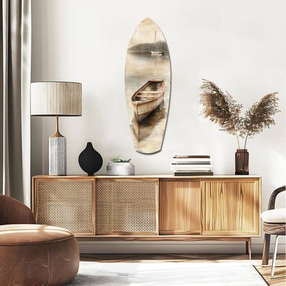 Beige Canoe and Distant Sailboat Glass Wall Art