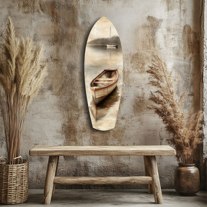 Beige Canoe and Distant Sailboat Glass Wall Art
