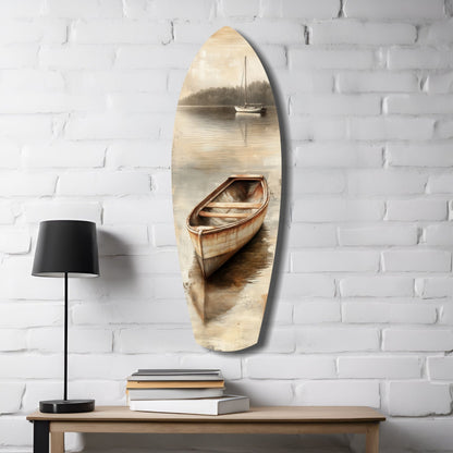 Beige Canoe and Distant Sailboat Glass Wall Art