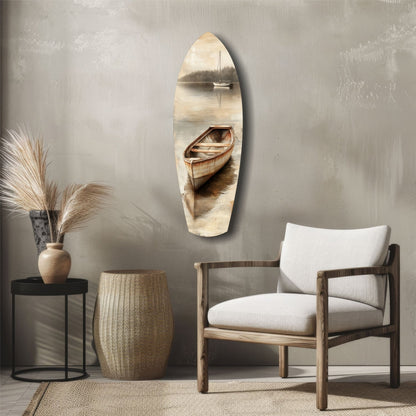 Beige Canoe and Distant Sailboat Glass Wall Art