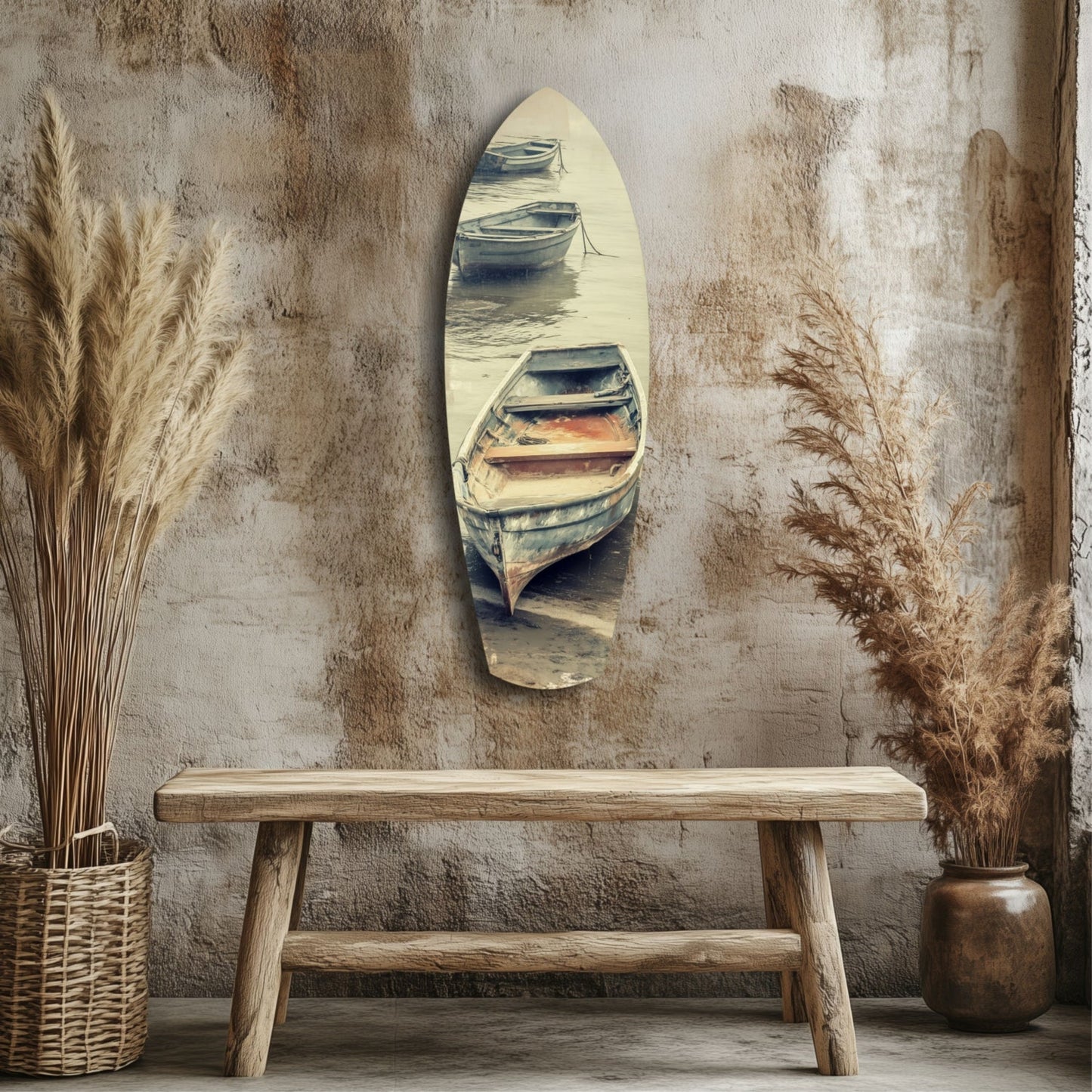 Moored Rowboats on Misty Shore Glass Wall Art